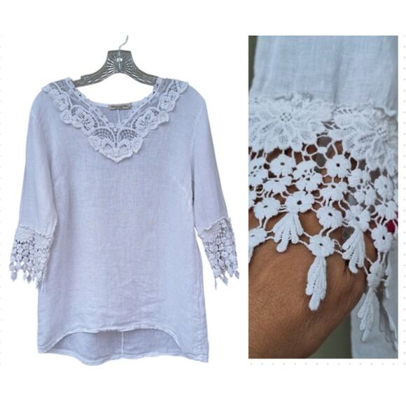 Vanessa Alexandra made in Italy 100% Linen Floral Crochet trim White Size S - Picture 1 of 10